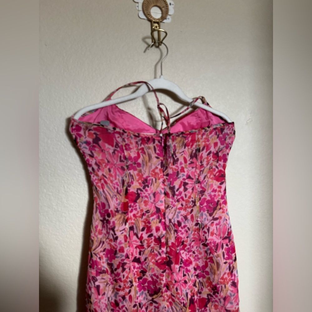 Vintage Y2K Muse Asymmetrical Draped Floral Silk Halter Midi Dress Sz 6 Pink - Picture 4 of 7